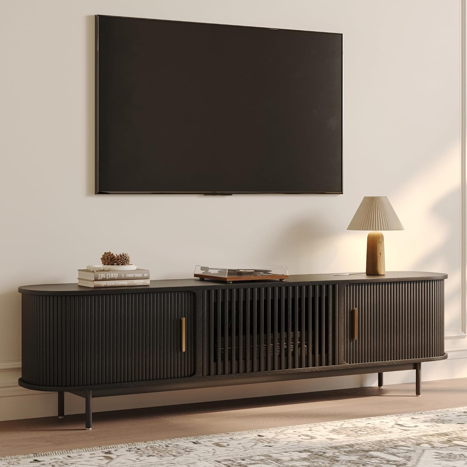 POVISON Fully-Assembled Mid Century Modern TV Stand, Sliding Tambour Door Entertainment Center with Storage, Wood TV Console, Media Console for Living Room Bedroom(Black, 78.74')