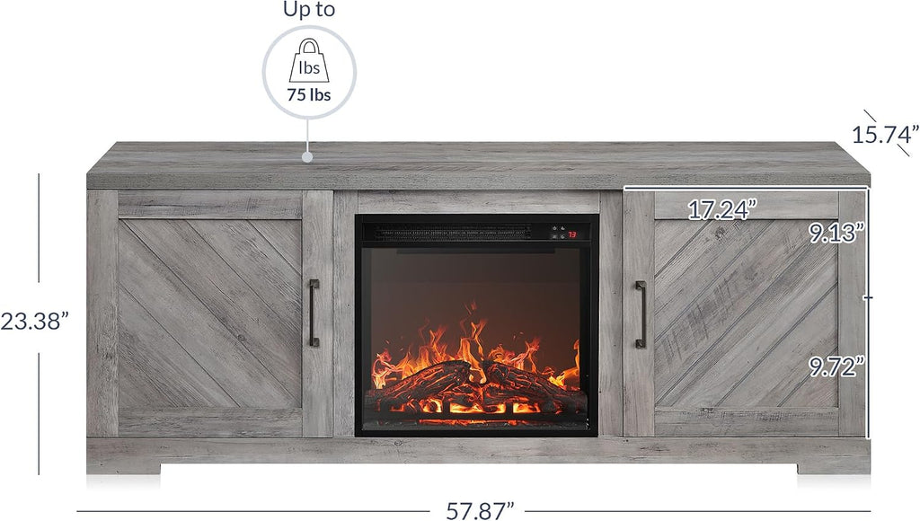 BELLEZE Modern 58' Farmhouse TV Stand with 18' Electric Fireplace Heater & Media Entertainment Center for TV up to 65', Console Table with Storage Cabinets - Hilo (Grey Wash)