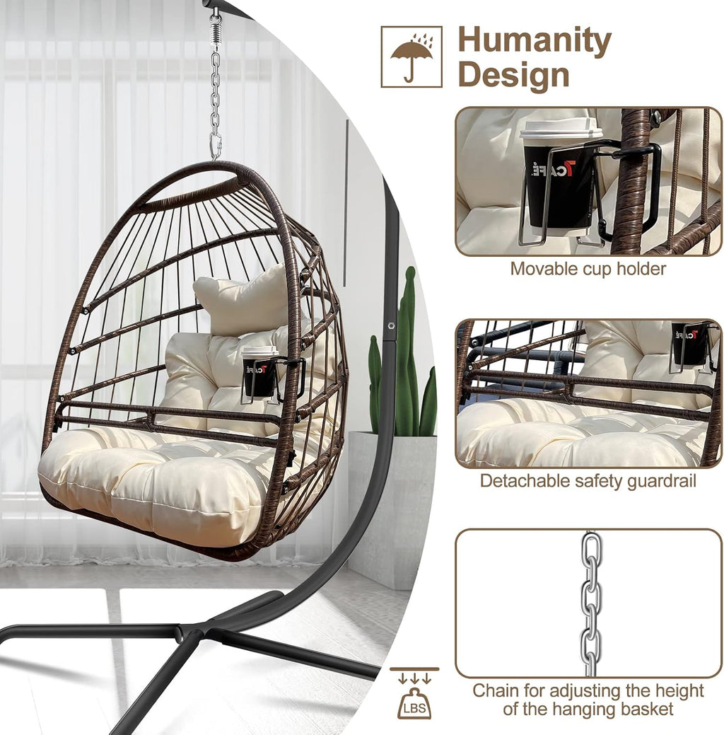 JESE Swing Egg Chair with Stand Wicker Wrap Frame UV Resistant Waterproof Cushion Hanging Chairs with Cup Holder 350lbs Capacity Swing Hammock Chairs for Patio Bedroom Indoor Outside-Khaki