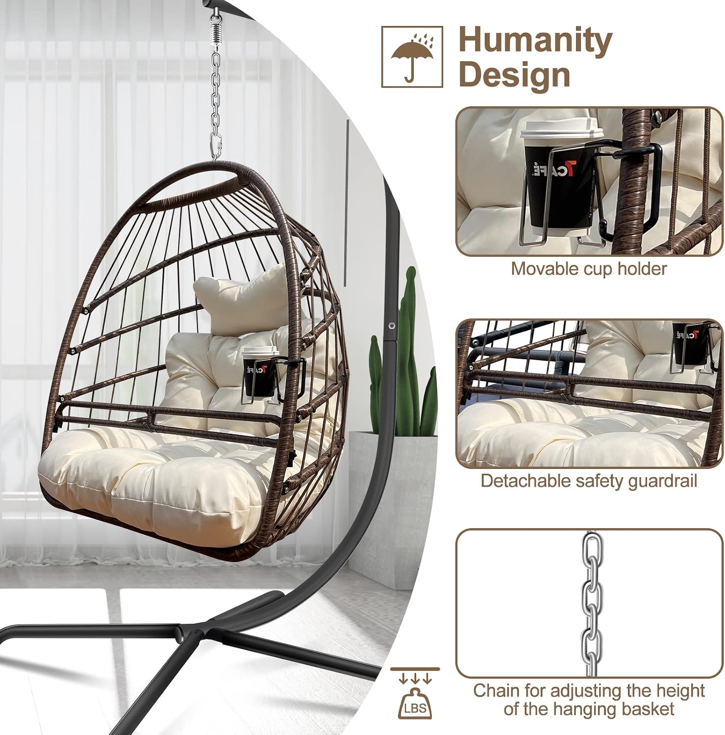 JESE Swing Egg Chair with Stand Wicker Wrap Frame UV Resistant Waterproof Cushion Hanging Chairs with Cup Holder 350lbs Capacity Swing Hammock Chairs for Patio Bedroom Indoor Outside-Khaki