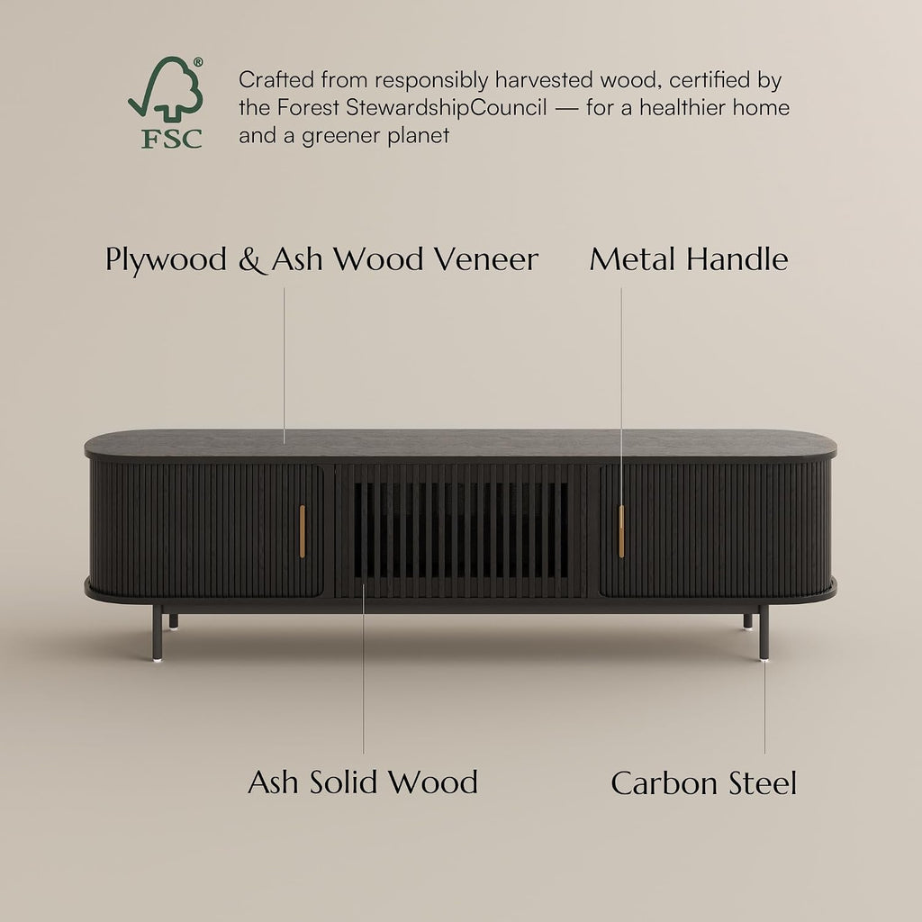 POVISON Fully-Assembled Mid Century Modern TV Stand, Sliding Tambour Door Entertainment Center with Storage, Wood TV Console, Media Console for Living Room Bedroom(Black, 78.74')