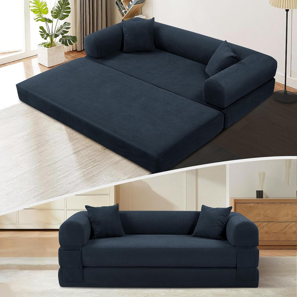 KBQ 3-Seat Convertible Sleeper Sofa Bed with 2 Pillows, Corduroy Folding Mattress Couch, Floor Sofa Lounge Couch for Living Room Bedroom Lounge Studio, Deep Blue