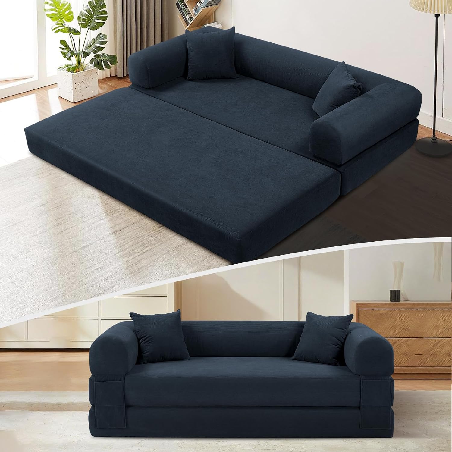 KBQ 3-Seat Convertible Sleeper Sofa Bed with 2 Pillows, Corduroy Folding Mattress Couch, Floor Sofa Lounge Couch for Living Room Bedroom Lounge Studio, Deep Blue