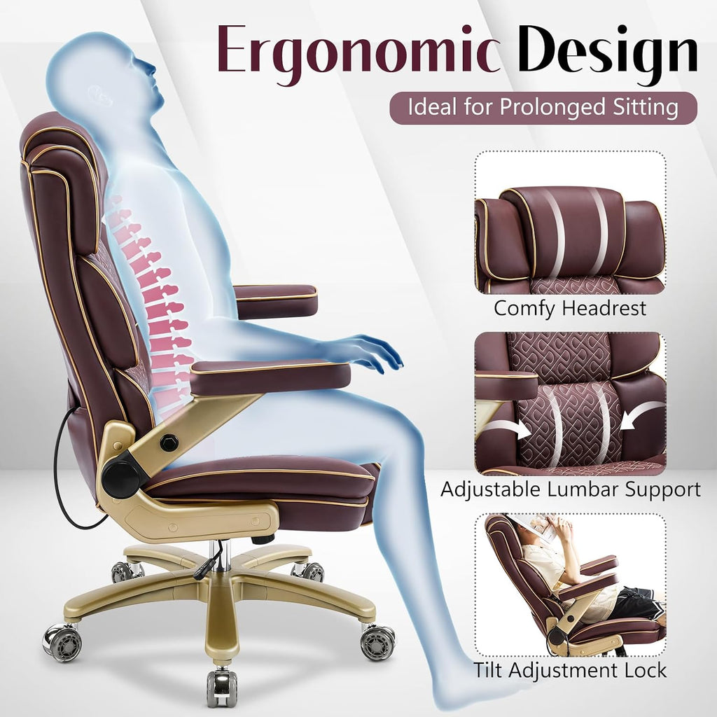 Heavy Duty Executive Leather Chair, Big and Tall Office Chair 500lbs with 5D Flip-up Armrests, Comfortable Seat, Adjustable Lumbar, High Back, Large Computer Desk Chair for Home Office, Brown
