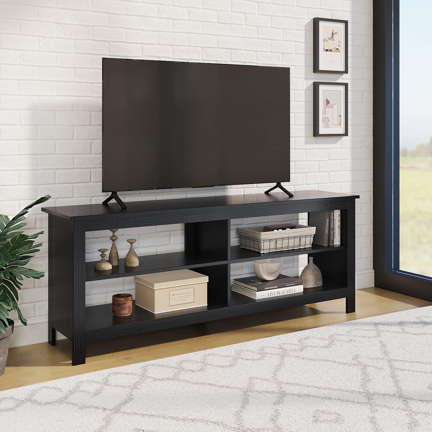 Panana Modern TV Stand with 4 Open Shelves 55inch Entertainment Center for TVs up to 65inch Medial TV Console Table Cabinet for Living Room (Black)