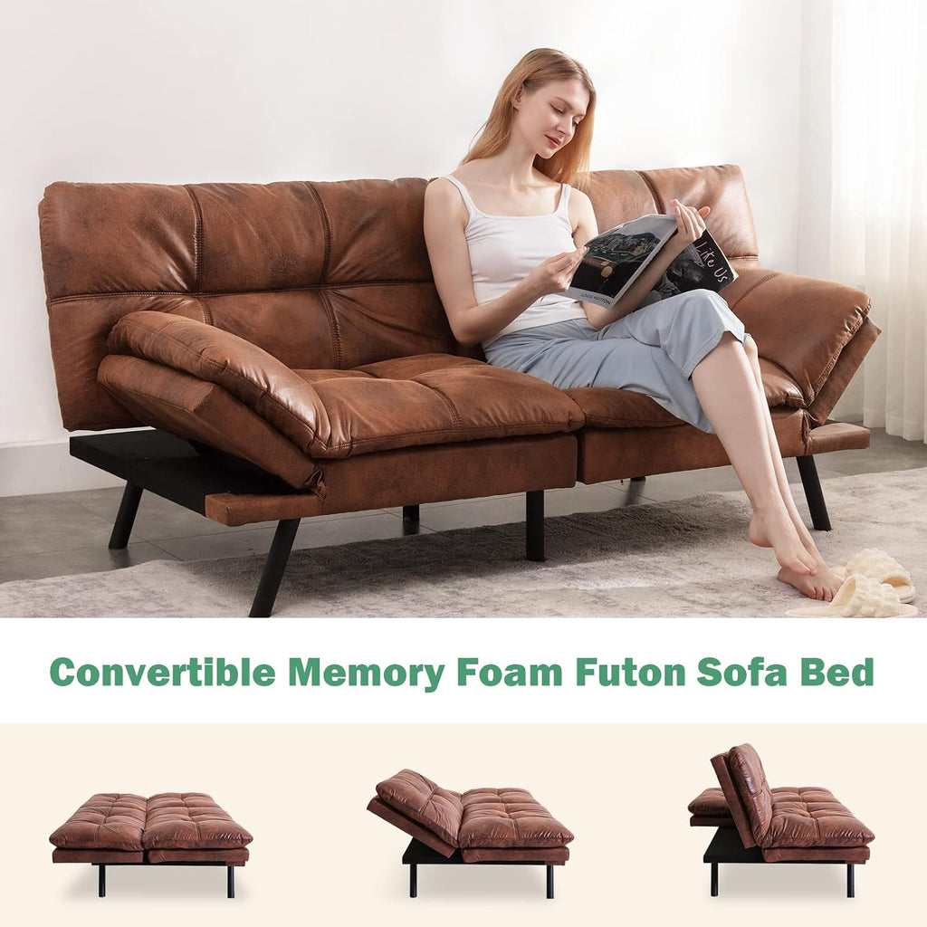 Vyfipt Futon Sofa Bed/Couch, Memory Foam Small Splitback Sofa for Living Room,Modern Loveseat with Covertible Armrests,Faux Leather/Cushion Thicker Version(Brown)