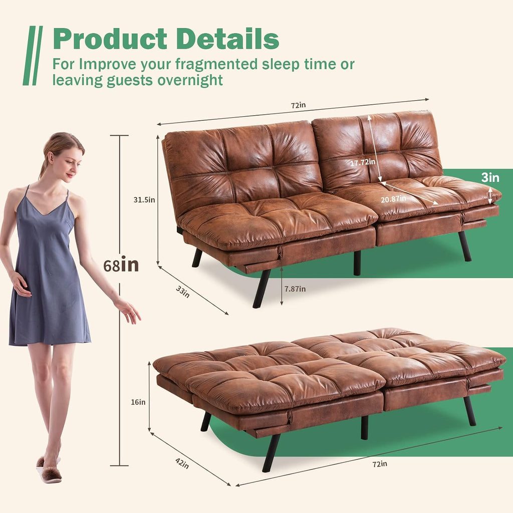 Vyfipt Futon Sofa Bed/Couch, Memory Foam Small Splitback Sofa for Living Room,Modern Loveseat with Covertible Armrests,Faux Leather/Cushion Thicker Version(Brown)