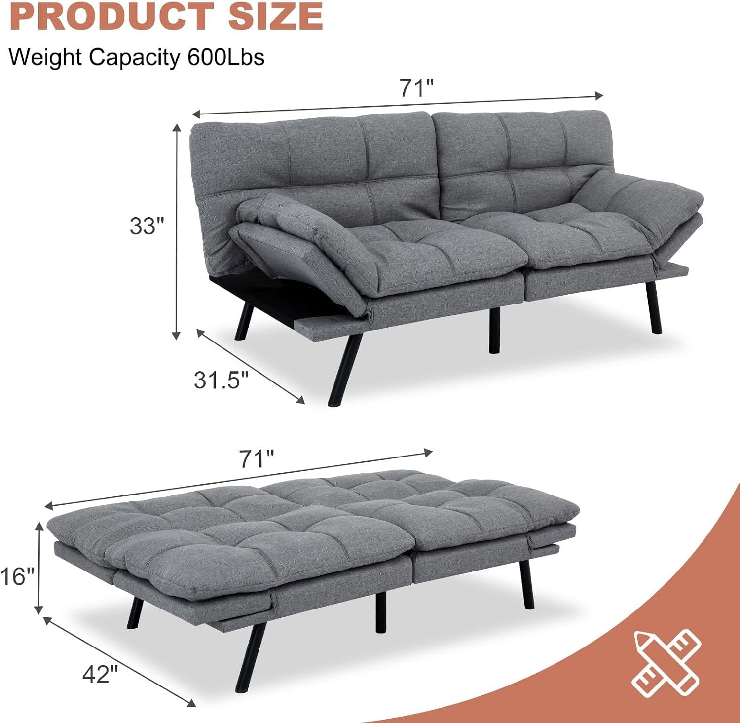 MUUEGM Futon Sofa Bed,Memory Foam Modern Convertible Couch Bed,Folding Futon Sleeper Couch with Compact Living Space,Apartment,Dorm,Bonus Room,71' D x 33' W x 31.5' H,Grey