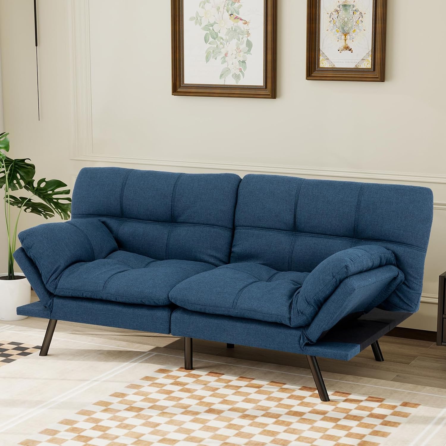 MUUEGM Futon Sofa Bed Convertible Couch,Memory Foam Futon Sofa Couch,Sleeper Futons Sofa Couches,Small Splitback Modern Loveseat Sofa Bed for Living Room,Office,Apartment,Linen Fabric,Blue.