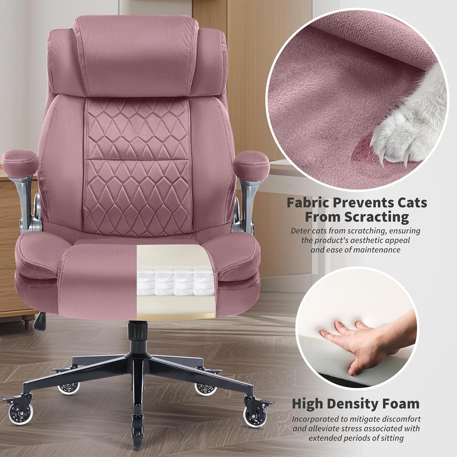 Office Chair with Locking Wheels, Ergonomic High Back Fabric Desk Chair with Adjustable Lumbar Support, Flip-Up Arms, Thick Padded Seat, 400lbs Heavy Duty for Home Office Adults