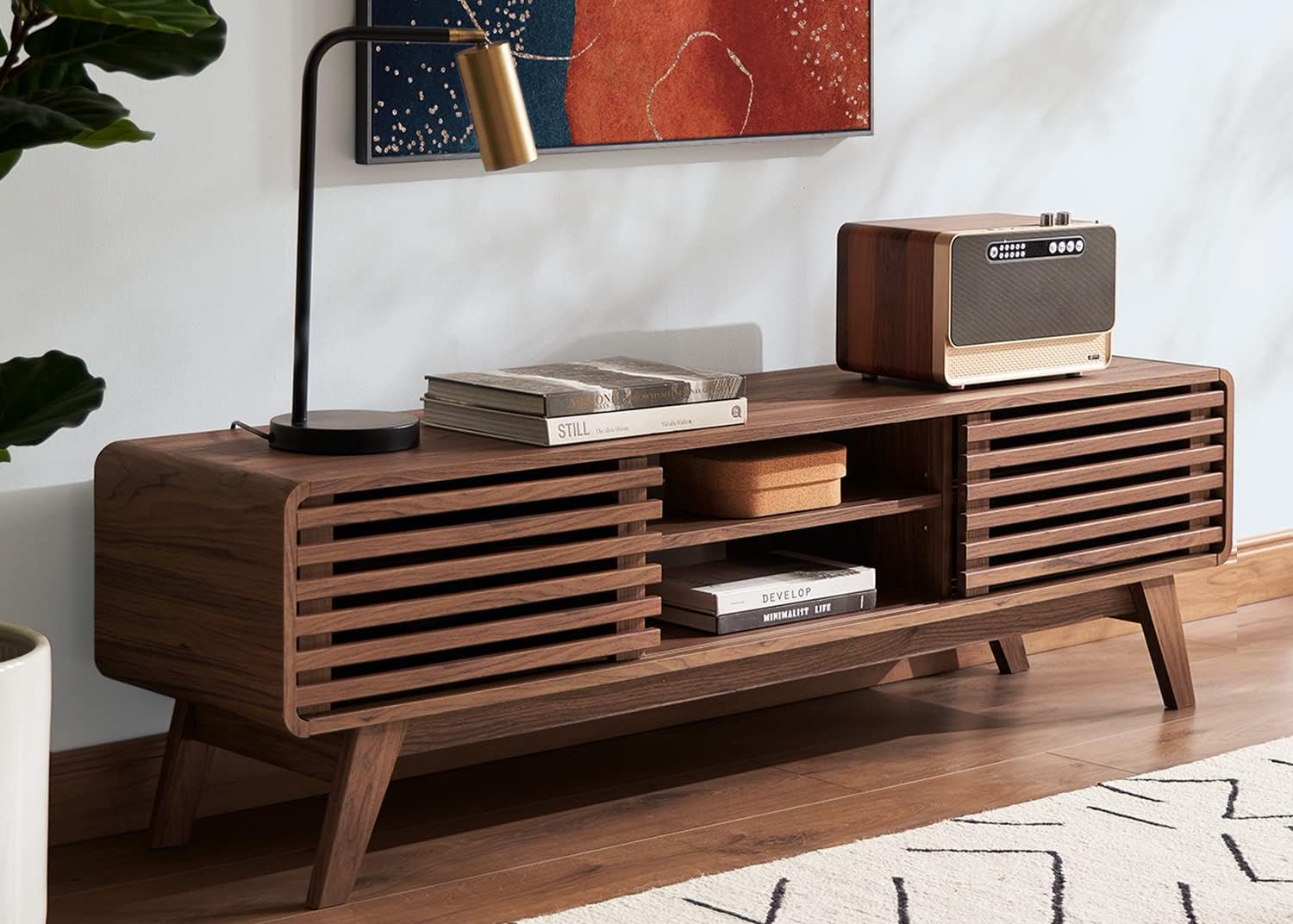 mopio Ensley TV Stand, Mid Century Modern for 55/60/65 inch TV, Farmhouse TV Stand, Entertainment Center with Storage, TV and Media Console for Living Room (Walnut, 59 inch Low)