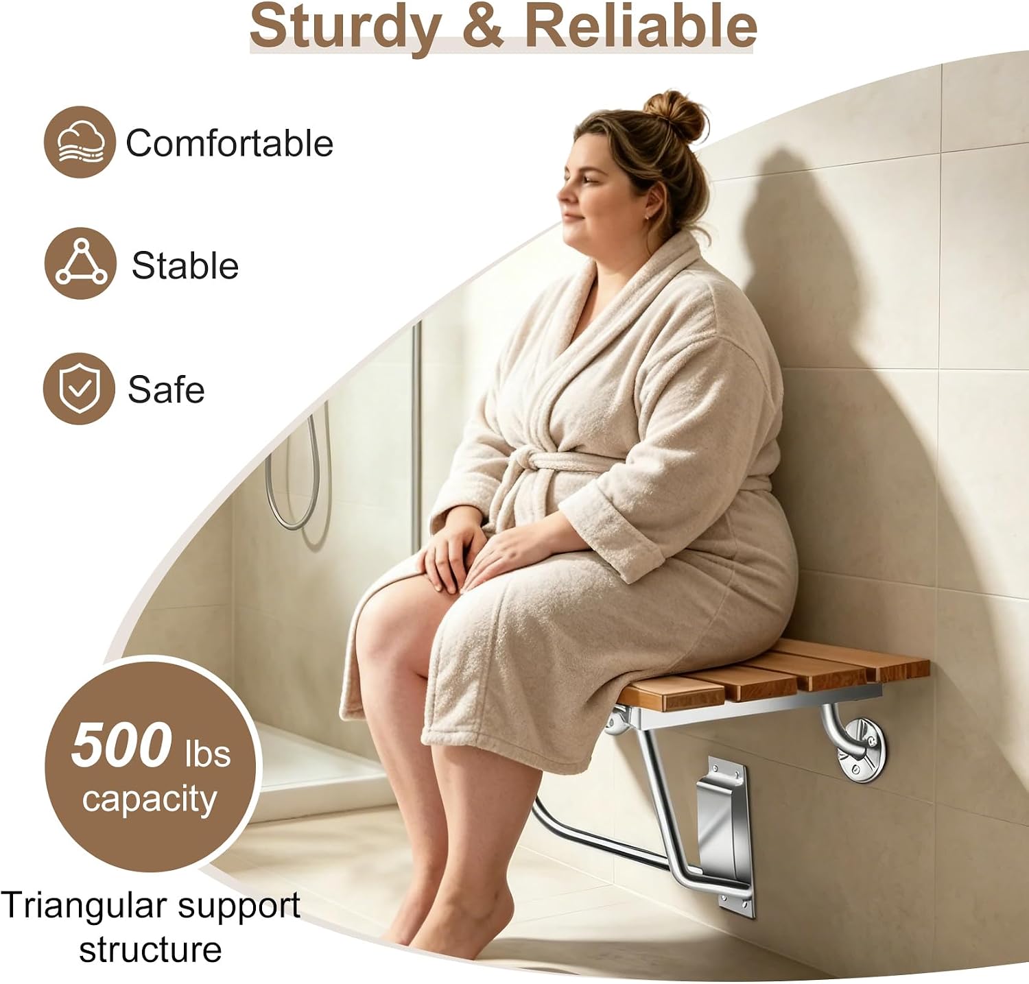 28'' Folding Shower Seat Wall Mounted, Folding Shower Bench with Stainless Steel Bracket, 500lb Load Capacity, for Elderly, Pregnant Women, Kids, Disabled
