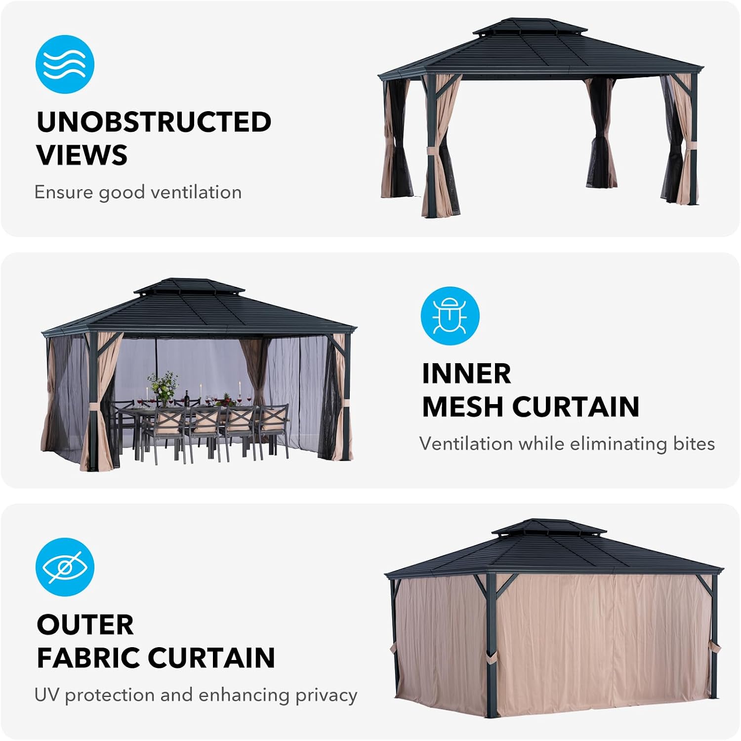 LeDoasis Nova 12' X 14' Hardtop Gazebo with Curtains and Netting, Permanent Aluminum Metal Canopy with Galvanized Steel Double Roof, for Patio Lawn and Garden
