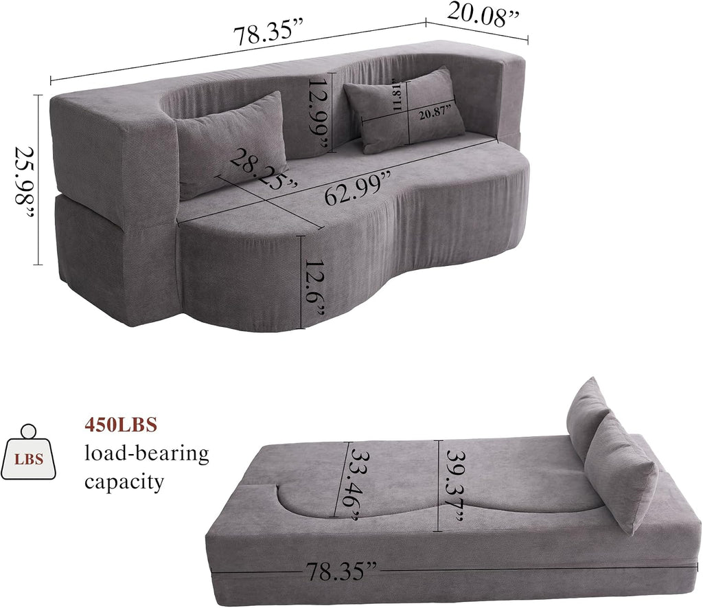 2-in-1 Convertible Sofa,78 Inch Pull Out Sofa Folding Sofa Bed with 2 Pilow Lazy Sofa, Corduroy Loveseat Sleeper Floor Sofa for Apartment Children's Room Bedroom Living Room, Grey | Pull Out Sofa Bed, Folding, 2 Pillows, Teddy Loveseat, Floor Sofa