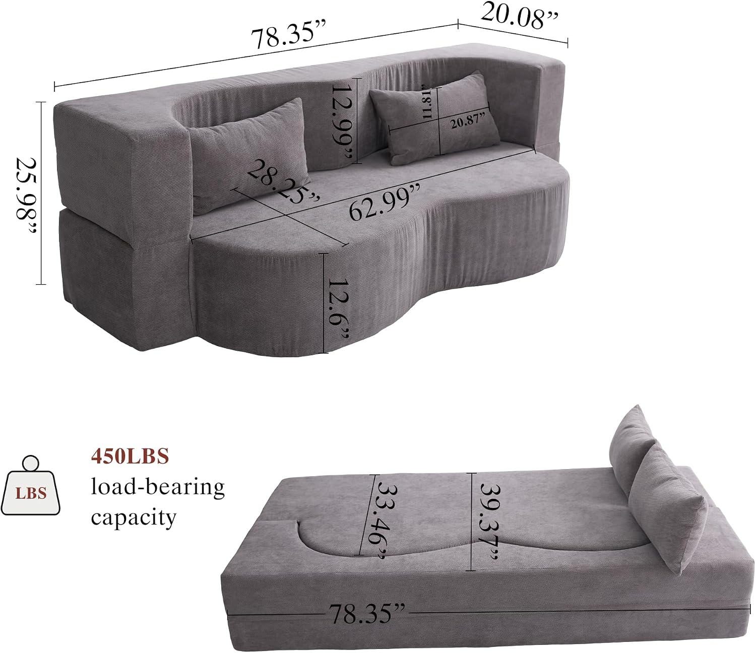 2-in-1 Convertible Sofa,78 Inch Pull Out Sofa Folding Sofa Bed with 2 Pilow Lazy Sofa, Corduroy Loveseat Sleeper Floor Sofa for Apartment Children's Room Bedroom Living Room, Grey | Pull Out Sofa Bed, Folding, 2 Pillows, Teddy Loveseat, Floor Sofa