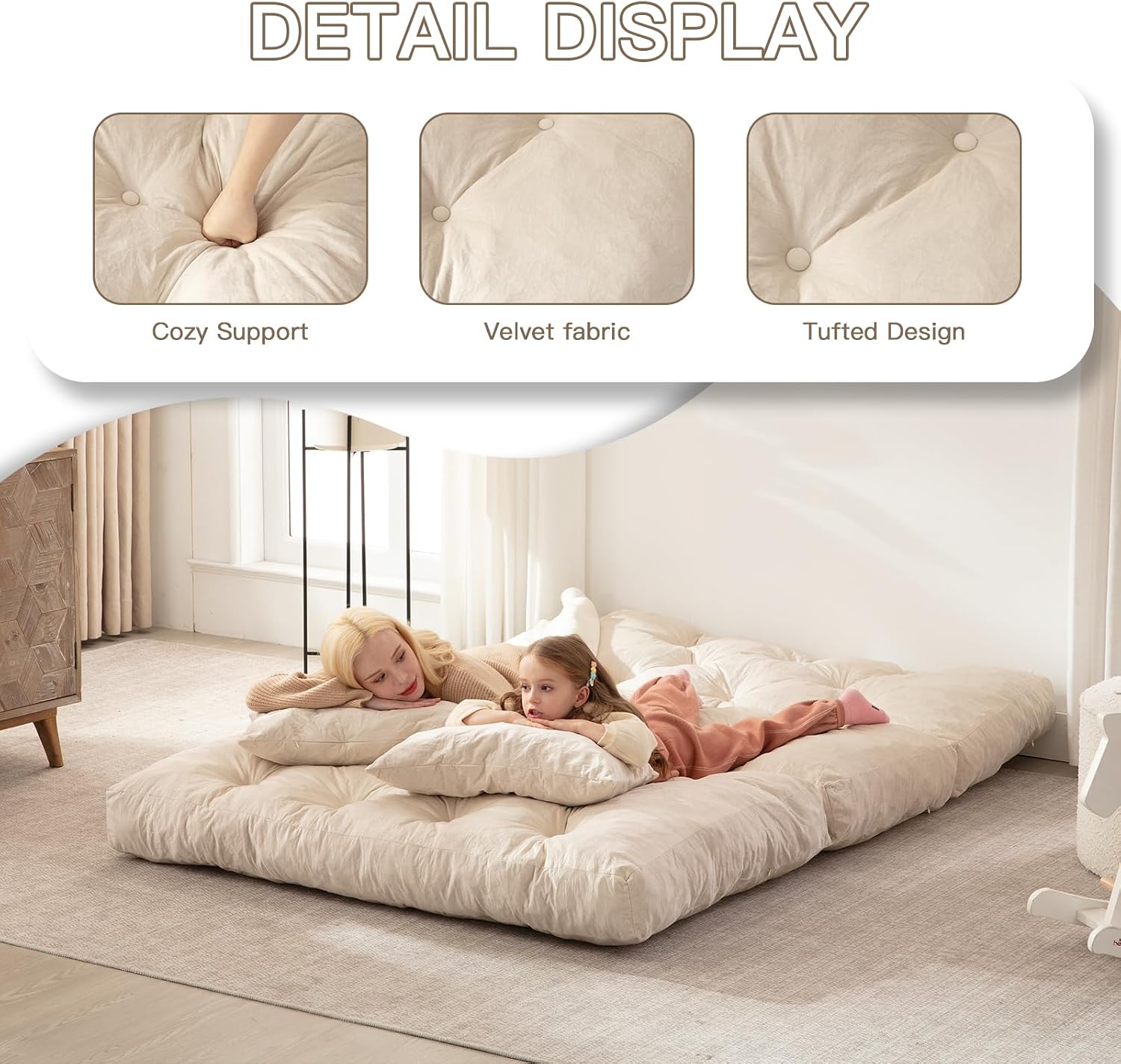 Folding Sofa Bed, Convertible Sleeper Chair with Pillow Foldable Mattress with Back Support, Portable Fold Out Chair Bed Comfy Floor Sofa Lounge for Living Room Bedroom, Beige Twin 80x39 Inch