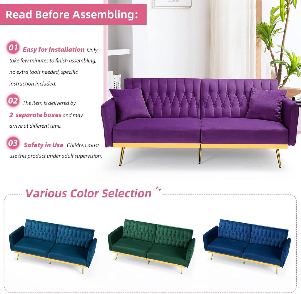 2 Pieces Velvet Sofa Set with Adjustable Armrest and Backrest, 70' Convertible Futon Sofa Bed & Mordern Accent Chair with Ottoman for Living Room, Bedroom, Purpel