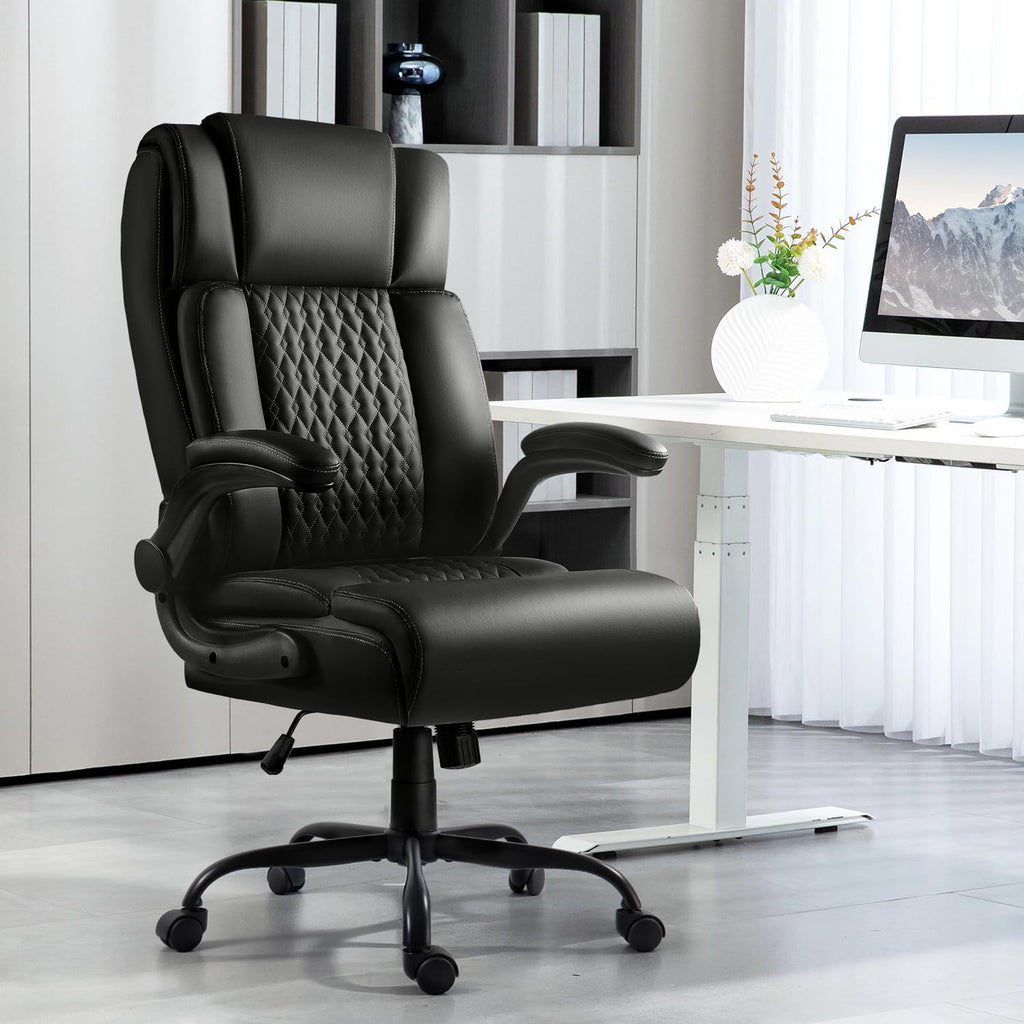 LEMBERI High Back Executive Office Chair for Adult, Big and Tall Leather Home Desk Chairs with Padded Flip-up Arms, Swivel Rolling Computer Gaming Chair (Black)
