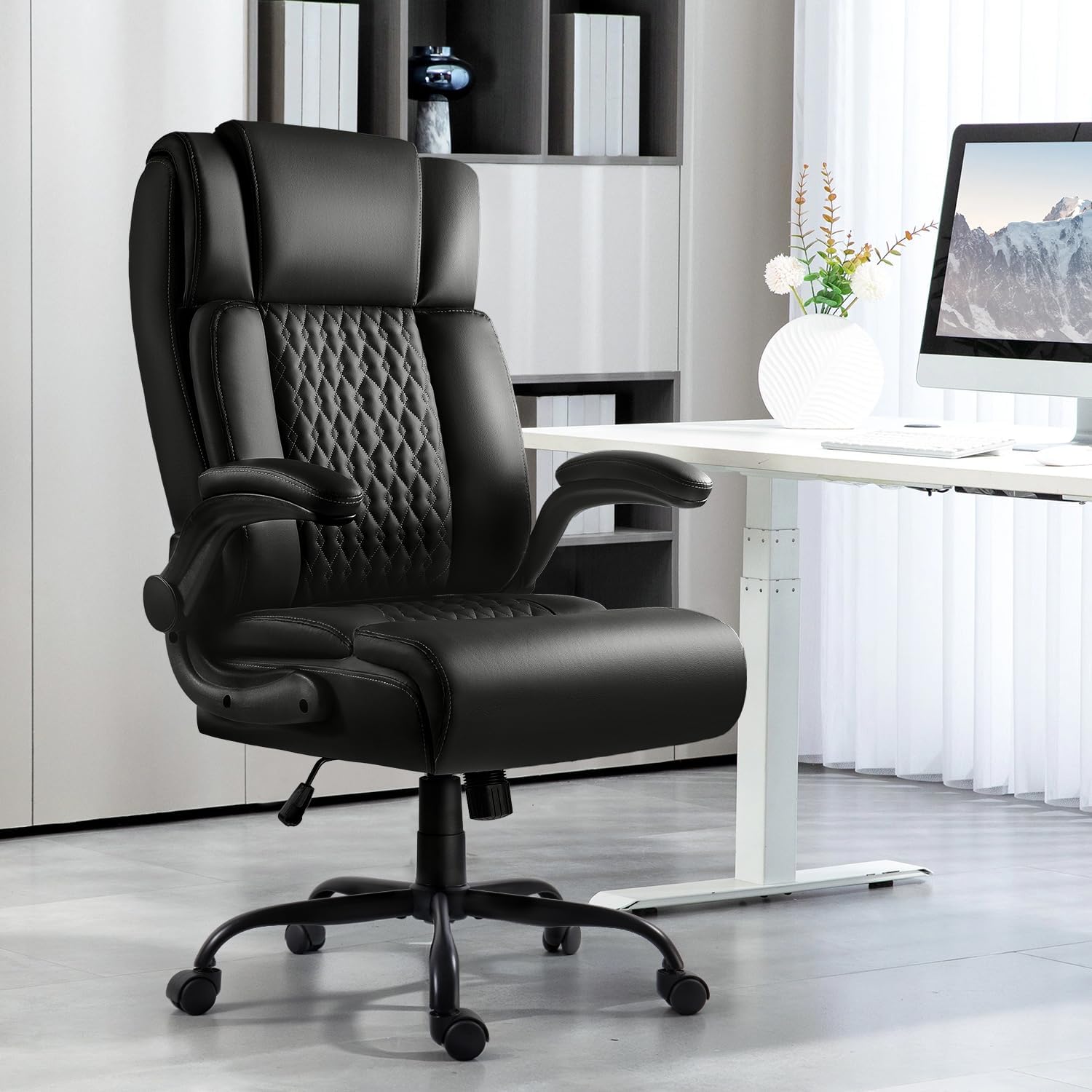 LEMBERI High Back Executive Office Chair for Adult, Big and Tall Leather Home Desk Chairs with Padded Flip-up Arms, Swivel Rolling Computer Gaming Chair (Black)