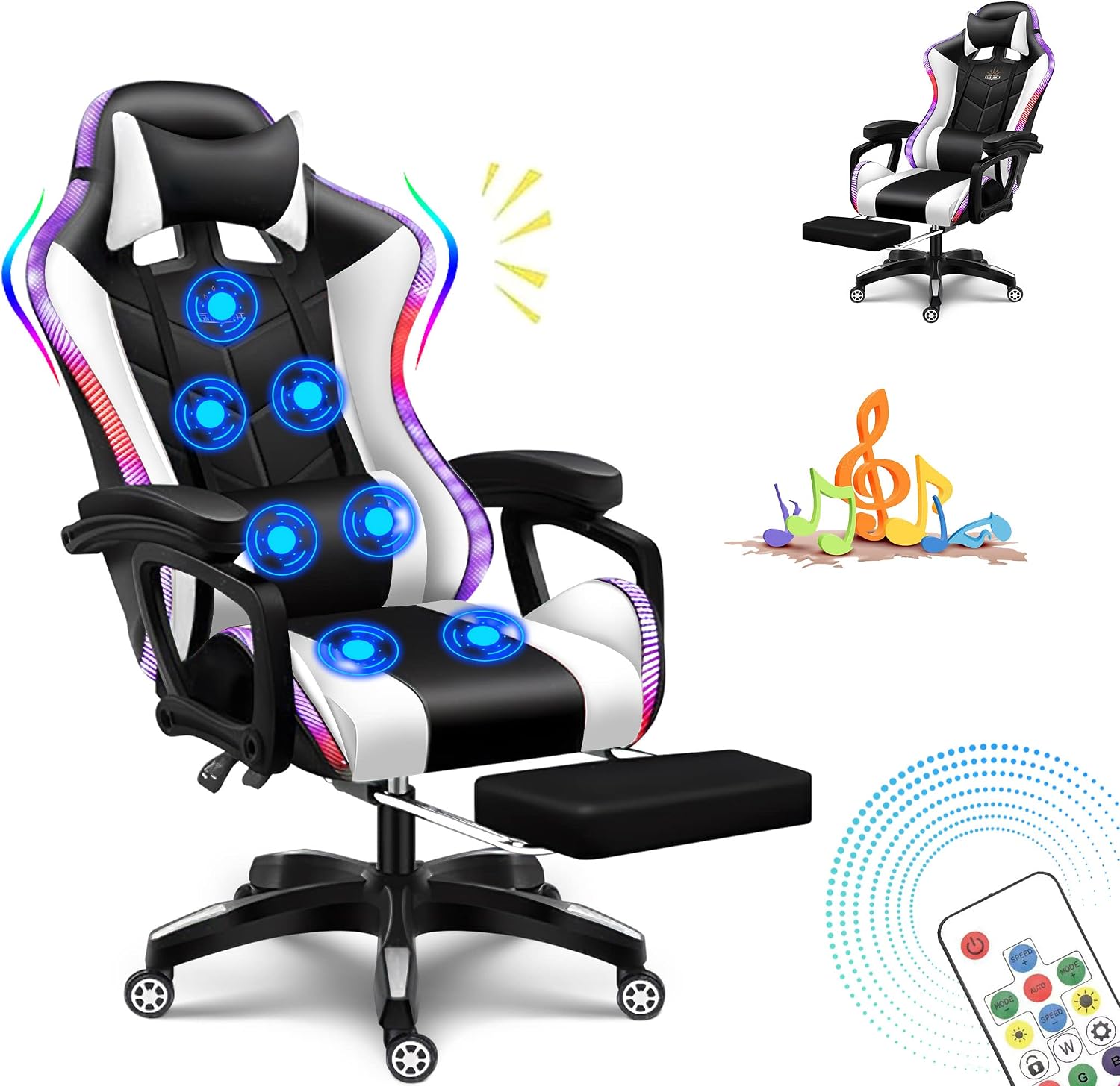 X Rocker Gaming Chair Gaming Chair with RGB Lighting and Speakers, Ergonomic Gaming Chair with footrest and 7-Point Massage Function, 150° tiltable Office Chair Gaming Chair for Adults,White