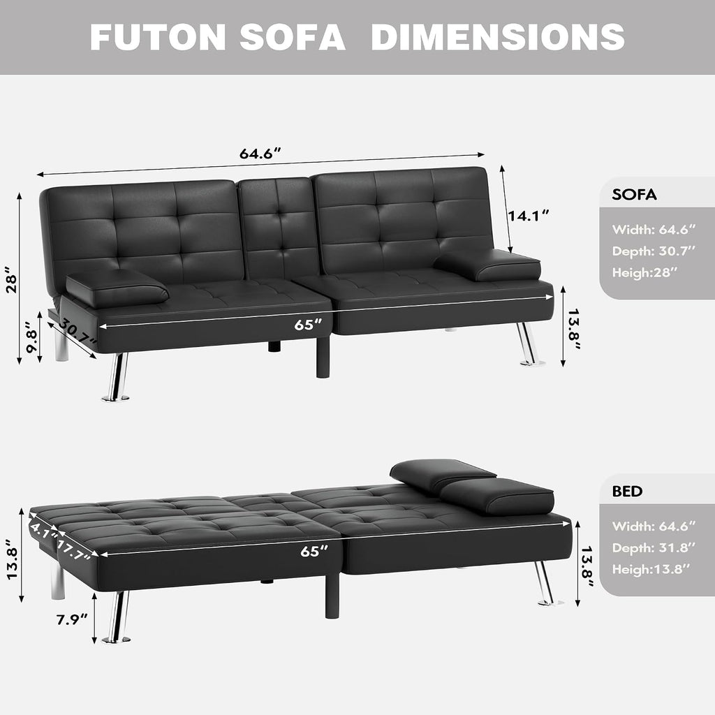 JUMMICO Faux Leather Futon Sofa Bed Futon Couch with Removable Armrests Adjustable Sleeper Sofa Bed with 2 Cup Holders for Living Room (PU Leather, Black)