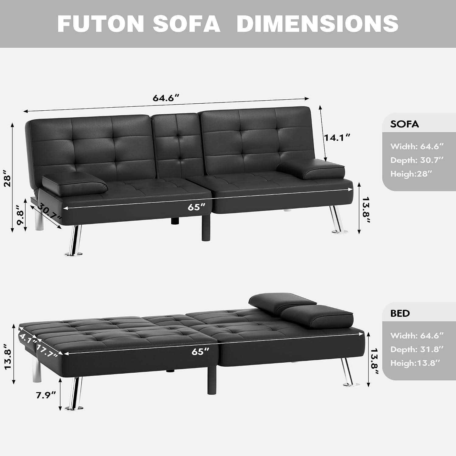 JUMMICO Faux Leather Futon Sofa Bed Futon Couch with Removable Armrests Adjustable Sleeper Sofa Bed with 2 Cup Holders for Living Room (PU Leather, Black)