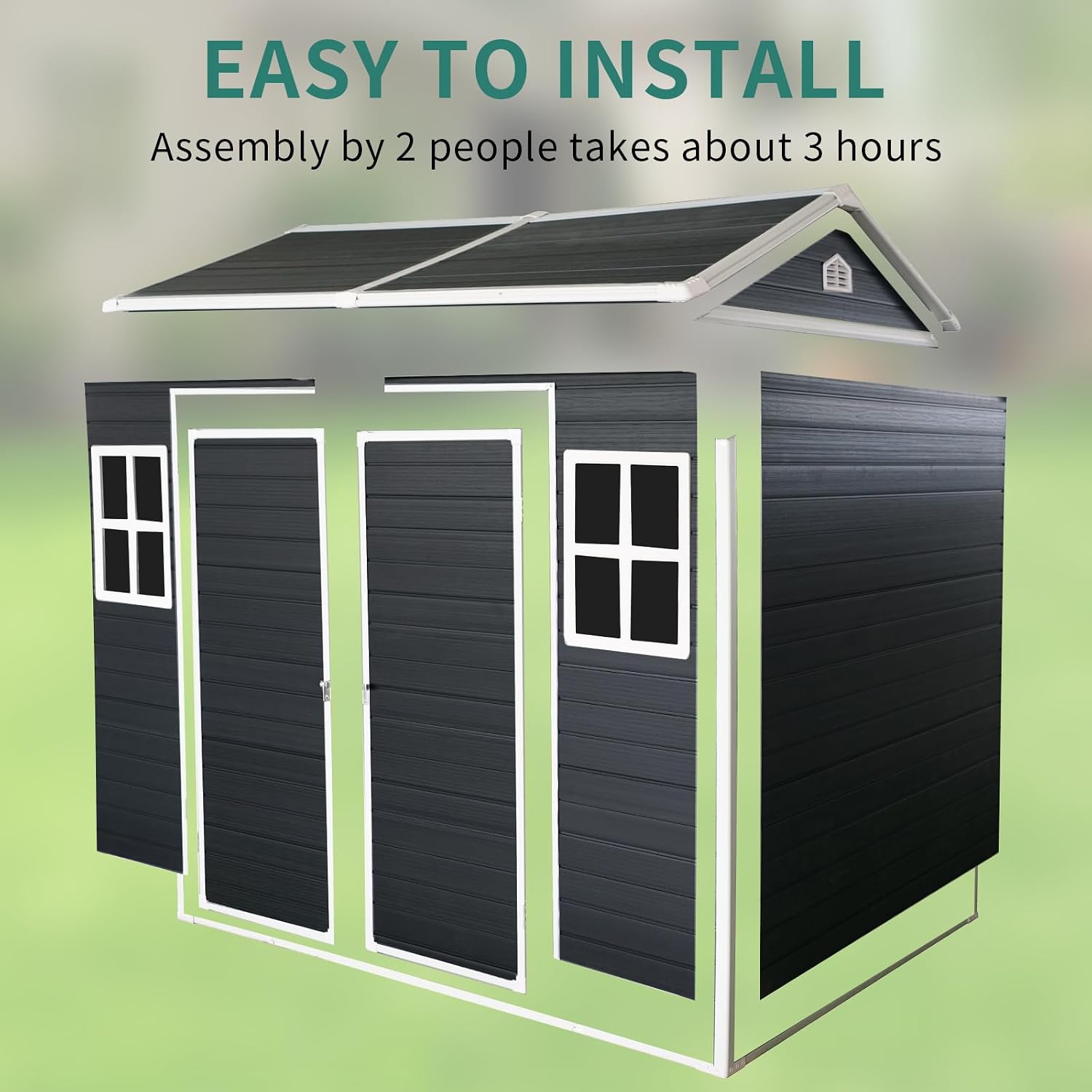 KUIKUI Outdoor Shed with Floor Included, Plastic Storage Sheds with Floor, 4x8 shed with 2 Windows and Lockable Door for Garden Tools, Carbon Black