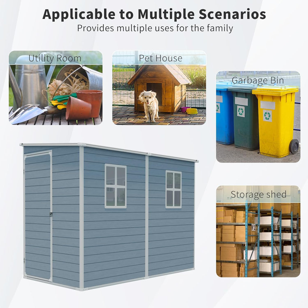 YOPTO 4x8 FT Outdoor Storage Shed Plastic Shed W/Floor,Resin Lean to Shed W/ 2 Windows & Lockable Door,Garden Tool House W/Air Vent & Sloped Roof,All Weather Waterproof for Backyard,Patio,Lawn,Grey