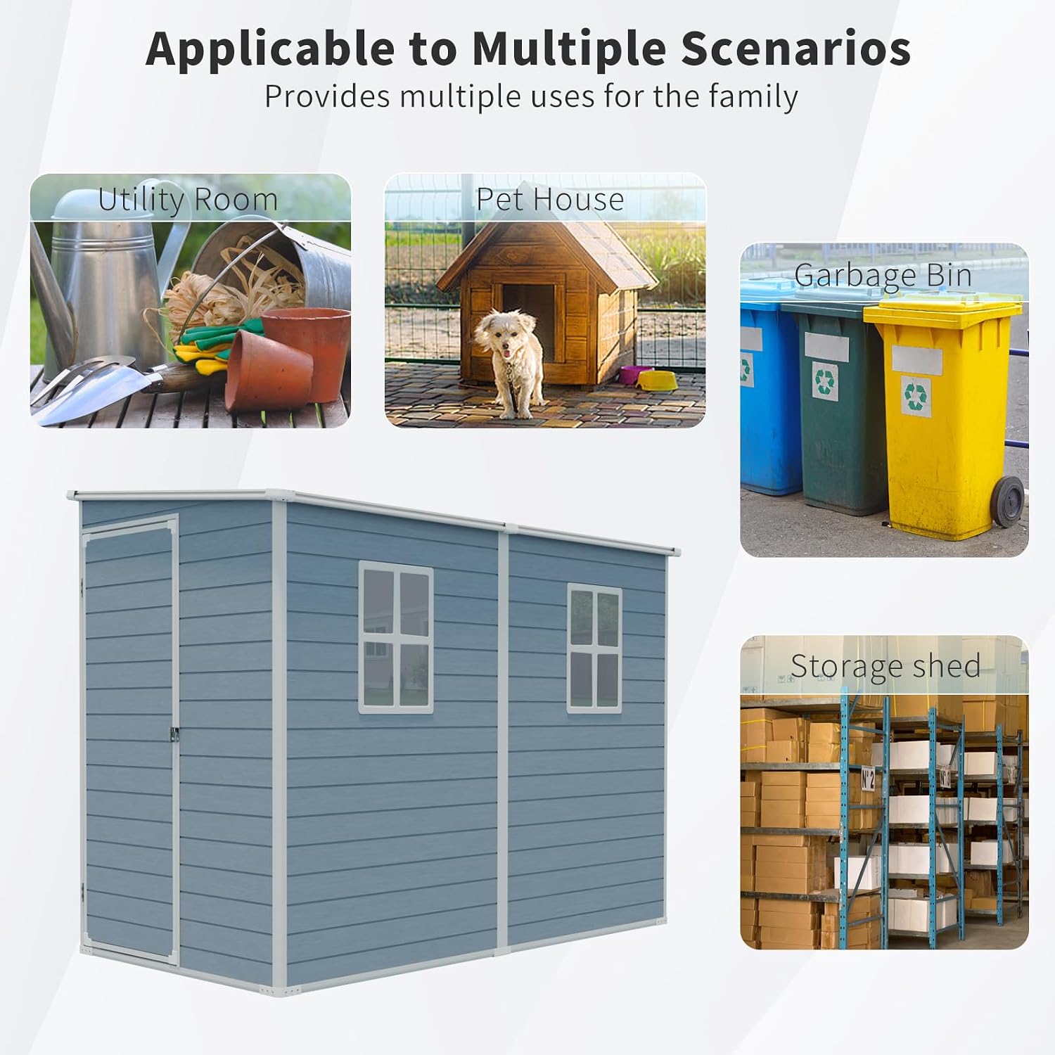 YOPTO 4x8 FT Outdoor Storage Shed Plastic Shed W/Floor,Resin Lean to Shed W/ 2 Windows & Lockable Door,Garden Tool House W/Air Vent & Sloped Roof,All Weather Waterproof for Backyard,Patio,Lawn,Grey