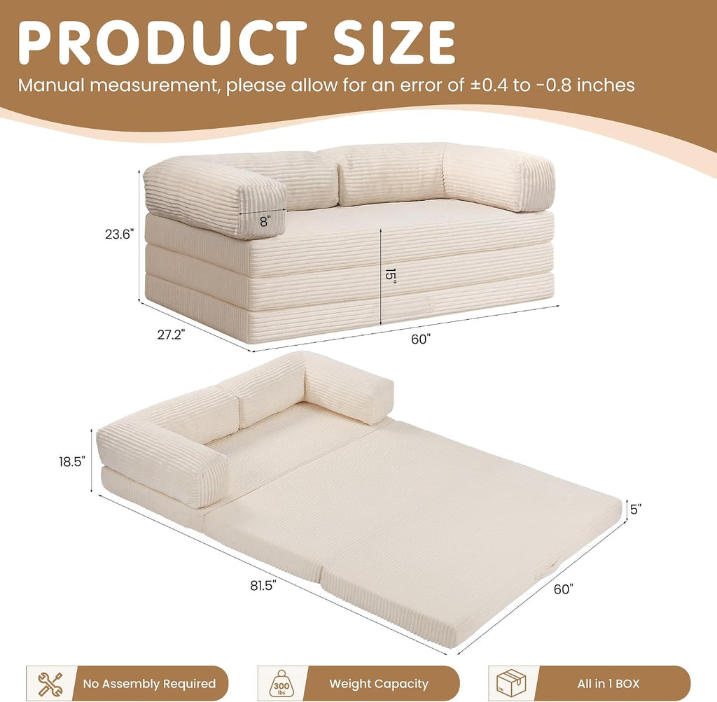 Convertible Sofa Bed Queen,5-in-1 Tri-Fold Boneless Couch with Removable Armrests & Handle,Corduroy Futon Sleeper Sofa,Floor Folding Mattress Pull Out Bed for Small Space Apartment Living Room Bedroom