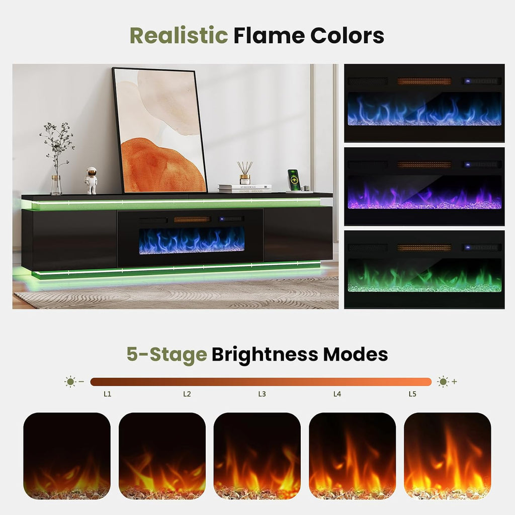 Lamtor Fireplace TV-Stand with 40' Fireplace - 2 LED Light TV-Stand for 90 95 inch TVs - Entertainment Center with 4 AC Power Outlets - 2 Tier TV Consoles Stand for Living Room, Black