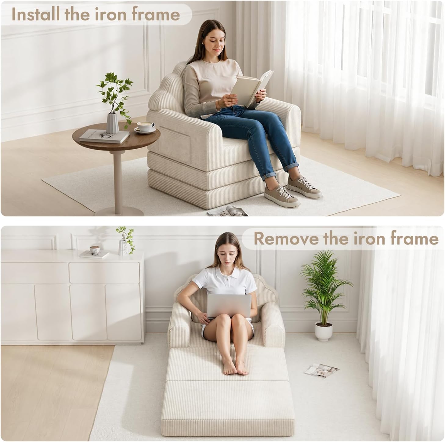 2-in-1 Folding Sofa Bed, 75' D x 34' W Convertible Futon Sleeper Chair for Adult with Extra Back Support, Fold Out Bean Bag Floor Foam Lounger Couch for Living Room Bedroom Small Space, Beige