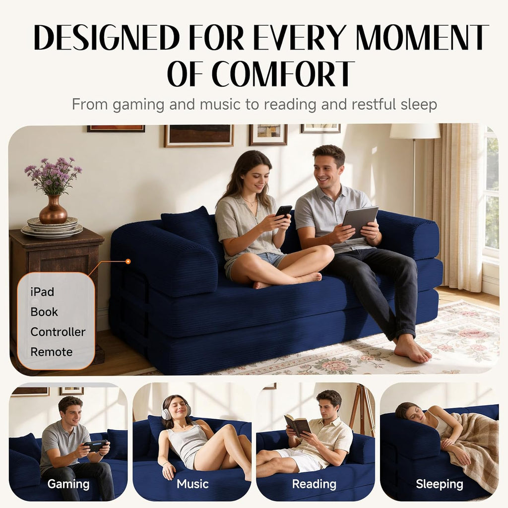 79' Corduroy Sofa Bed, Boneless Couch in a Box with 2 Pillows, High-Density Foam 4-in-1 Foldable Sleeper Futon Loveseat for Small Spaces, No Assembly, Side Pockets, Round Arm Blue