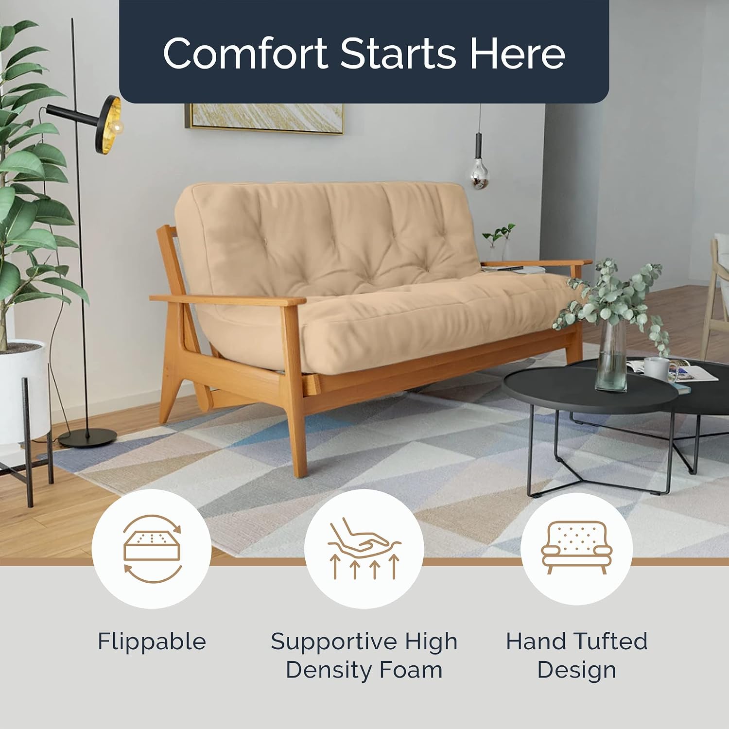 Loosh Home | 12' Full Size Futon Sofa Bed Foam Mattress - USA Made, Beige, No Frame