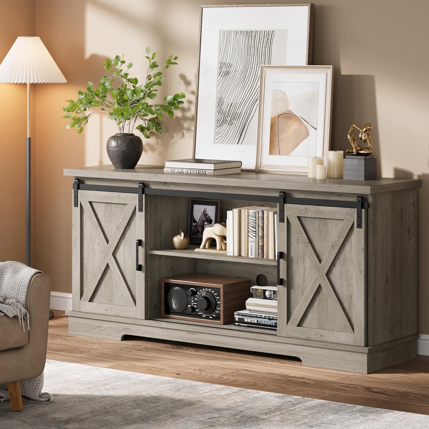 IDEALHOUSE Farmhouse TV Stand for 65 Inch TV, Entertainment Center with Sliding Barn Doors and Adjustable Shelves, TV Stand with Storage, Modern Storage Media TV Console for Living Room Bedroom, Grey