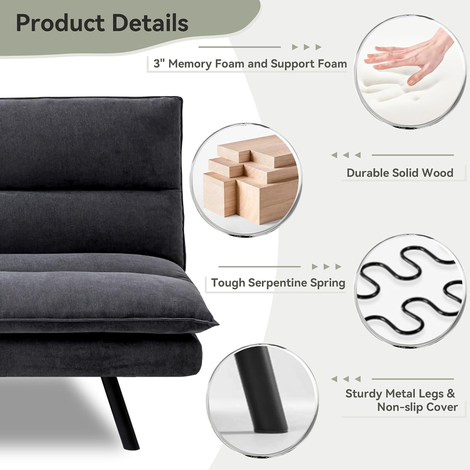 Memory Foam Futon Sofa Bed,Linen Fabric Futon Couch,Convertible Armless Futons,Small Splitback Loveseat Sleeper Sofa Bed for Living Room,Office,Apartment,Pure Black