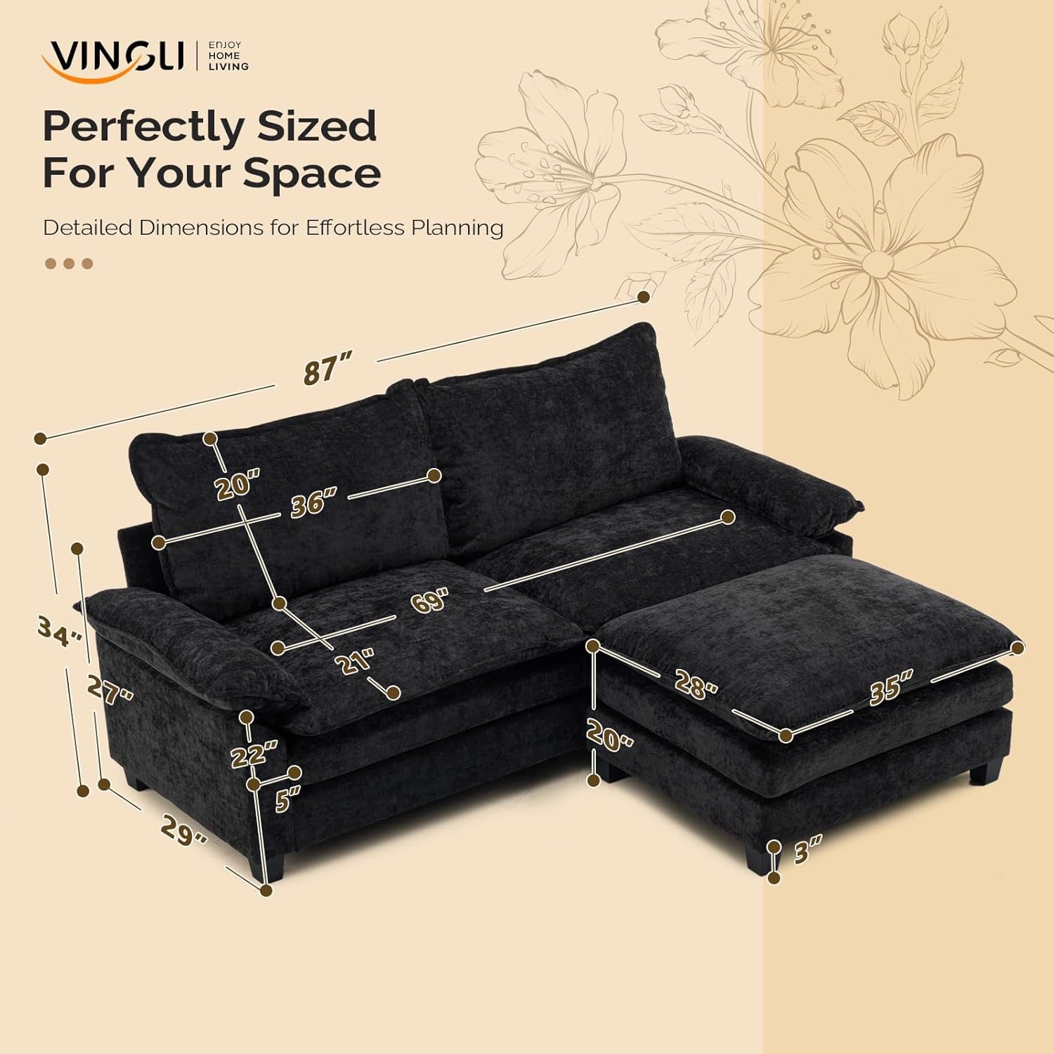 VINGLI 87' Convertible Sectional Sofa,L-Shape Deep Seat Sofa Couch for Living Room,Modern Chenille 2 Seat Loveseat Sofa with Ottoman for Small Space(Black, 87')