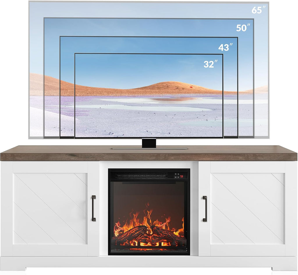 BELLEZE Modern 58' Farmhouse TV Stand with 18' Electric Fireplace Heater & Media Entertainment Center for TV up to 65', Console Table with Storage Cabinets - Hilo (White)