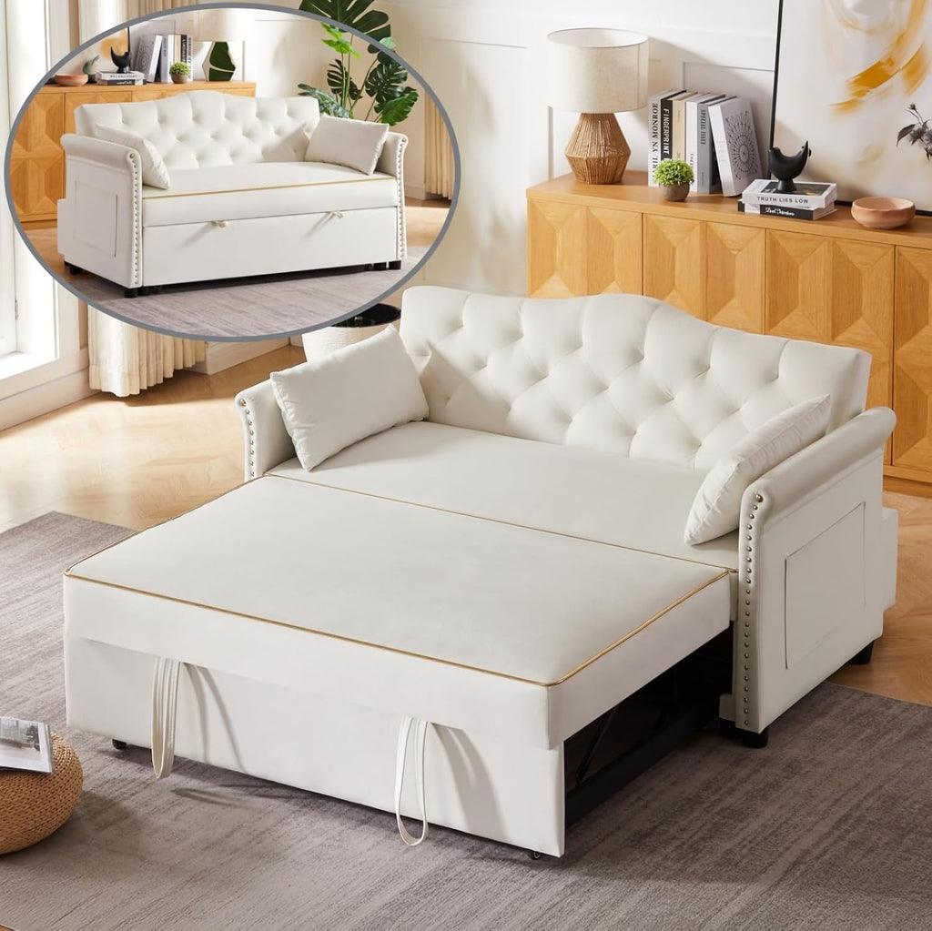 oaaktu 57-Inch Velvet Full Size Sleeper Sofa Couch with Pullout Bed,Convertible Pull Out with Golden Decorative Strip and Adjustable Backrest for Small Spaces,Apartment, Guest Room, RV (Beige)