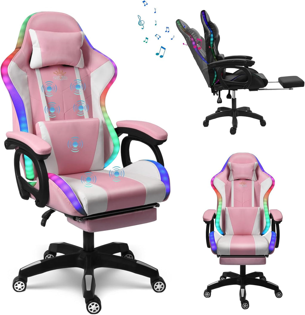 XOOFMASS Ergonomic Massage Computer Chair for Adults RGB Gaming Chair with LED Lights & Speakers, Video Game Chair with Footrest & Lumbar Support, 135° Reclining Chair High Back Office Chair,Pink