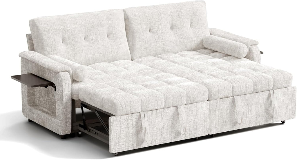Convertible Sleeper Sofa Bed, 86 Inch Chenille Pull Out Couch with Side Table & Adjustable Backrest, Sectional Sleeper Sofa with Pull Out Bed for Living Room, Apartment, Beige