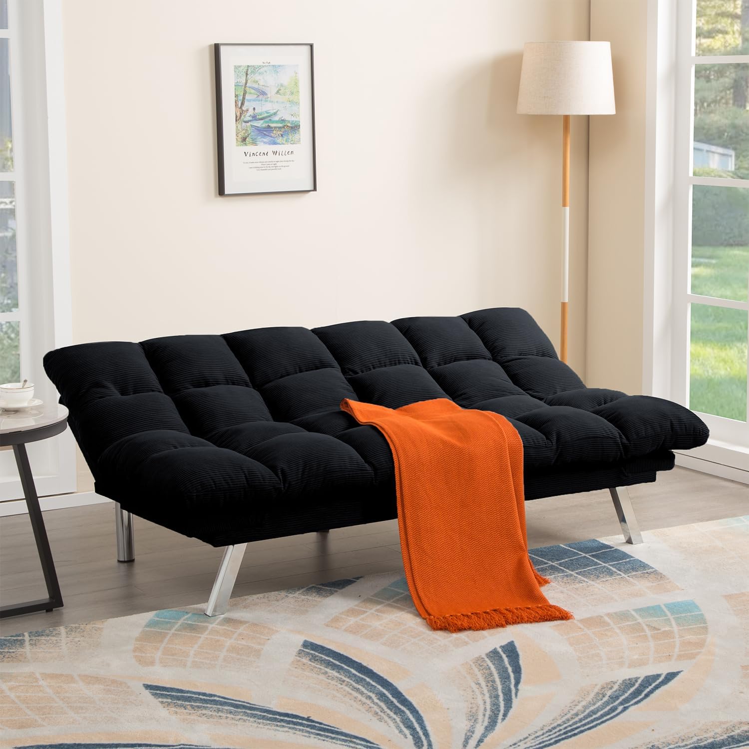 Black Modern Corduroy Convertible Folding Futon Couch Sofa Bed，Armless Cloud Double Loveseat Sofa Adjustable Backrest for Compact Living Dorm Game Studio Apartment Bedroom