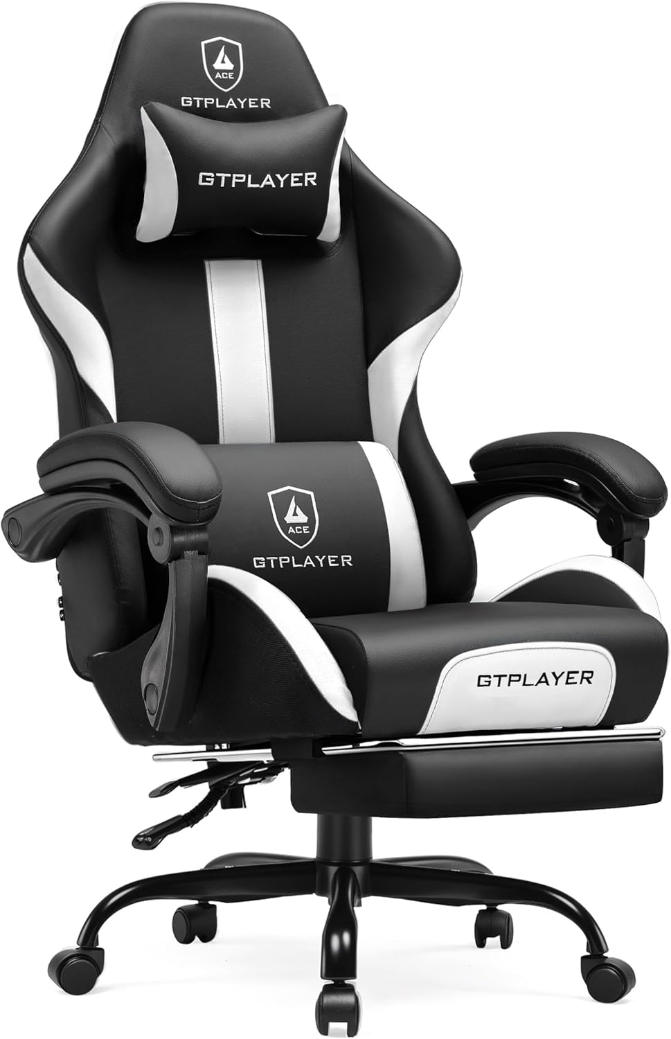 GTPLAYER Gaming Chair with Pocket Spring Cushion, Leather Office Chair with Ergonomic High Back & Lumbar Support for Back Pain Relief, Computer Game Chair for Adults, White/Black