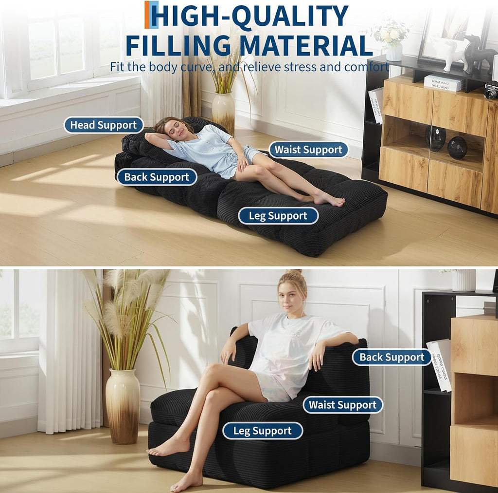 Folding Sofa Bed, 3-in-1 Convertible Sleeper Chair with Pillow, Single Futon Couch Bed with Back Support, Portable Fold Out Chair Bed Comfy Floor Sofa Lounge for Living Room Bedroom, Black
