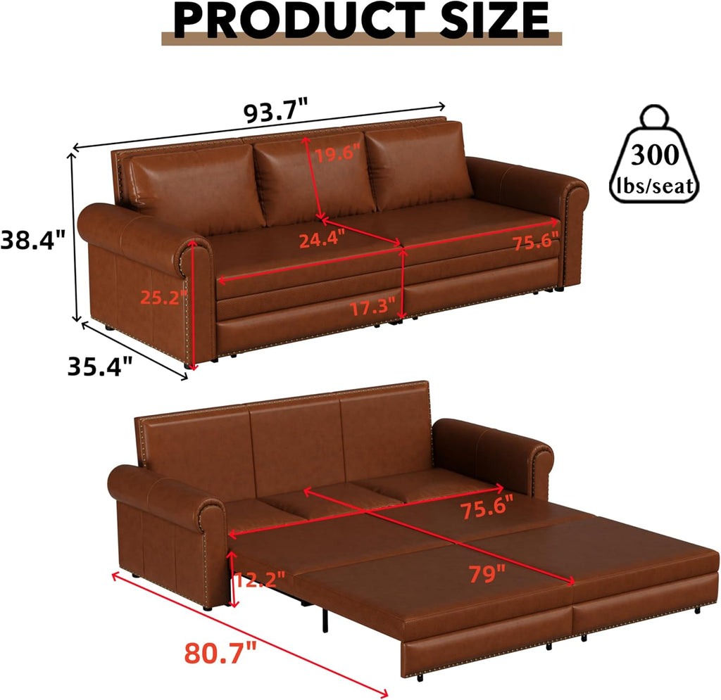93.7' King Pull Out Sofa Bed, Faux Leather Sleeper Sofa Couch, 3 in 1 Convertible Futon Couches for Living Room, Small Space, Apartment, Office, Bedroom, Modern Rivet Armrest, Light Brown