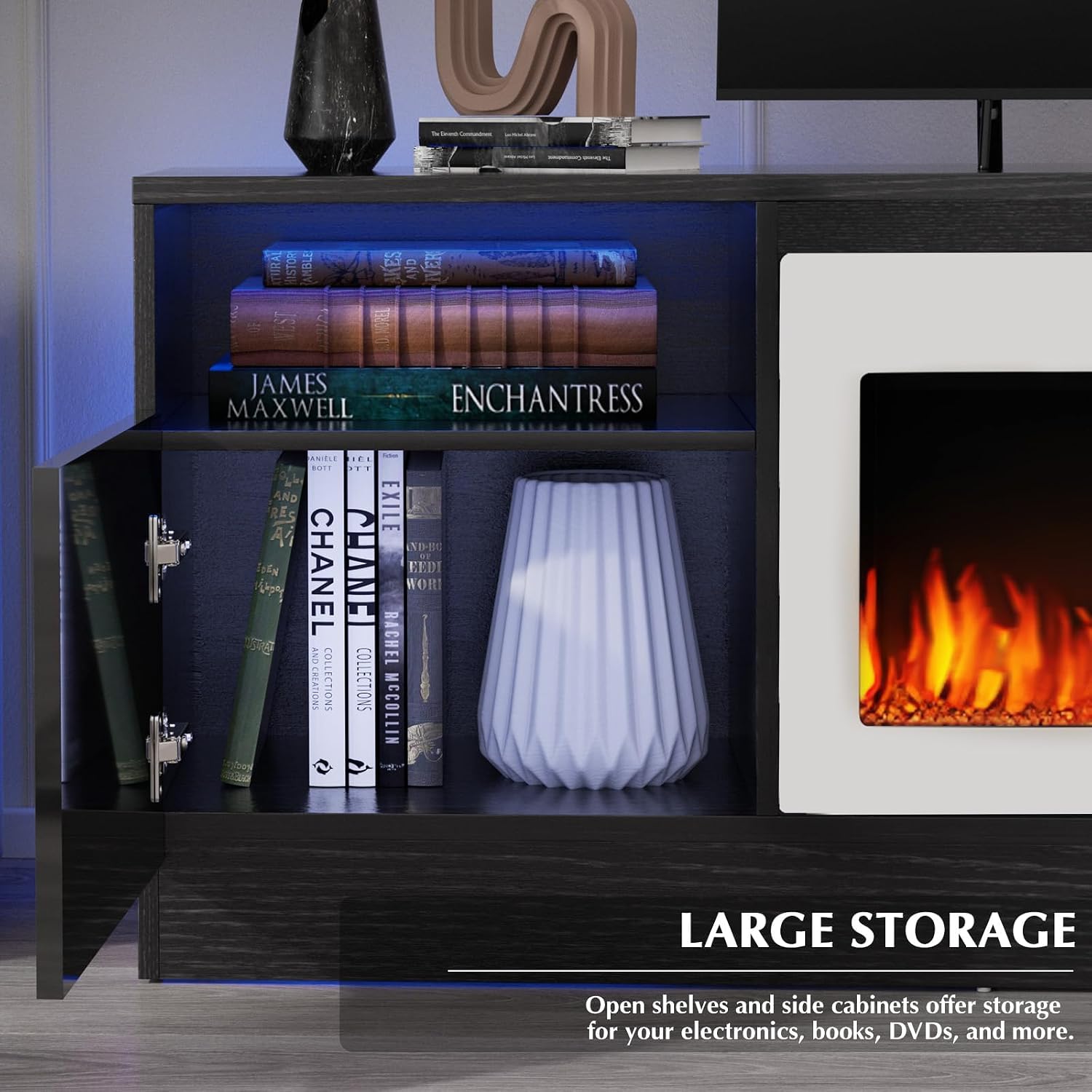 Lemberi Fireplace tv Stand with 36 inch White Fireplace Up to 80' TVs,LED Light Entertainment Center and Storage, 70' Modern Wood Media TV Console with Highlight Cabinet for Living Room