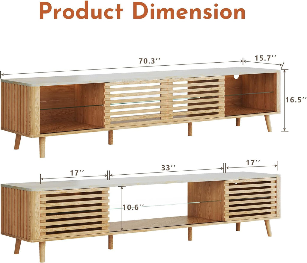 HUAHUU 70' TV Stand with Faux Marble Top for TVs up to 80', Mid Century Modern TV Console with Slatied Sliding Door, Entertainment Center with Adjustable Glass Shelves for Bedroom, Living Room, Oak