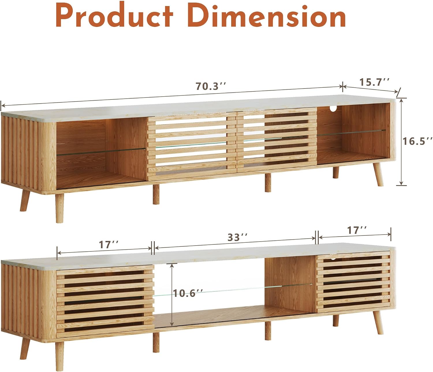 HUAHUU 70' TV Stand with Faux Marble Top for TVs up to 80', Mid Century Modern TV Console with Slatied Sliding Door, Entertainment Center with Adjustable Glass Shelves for Bedroom, Living Room, Oak