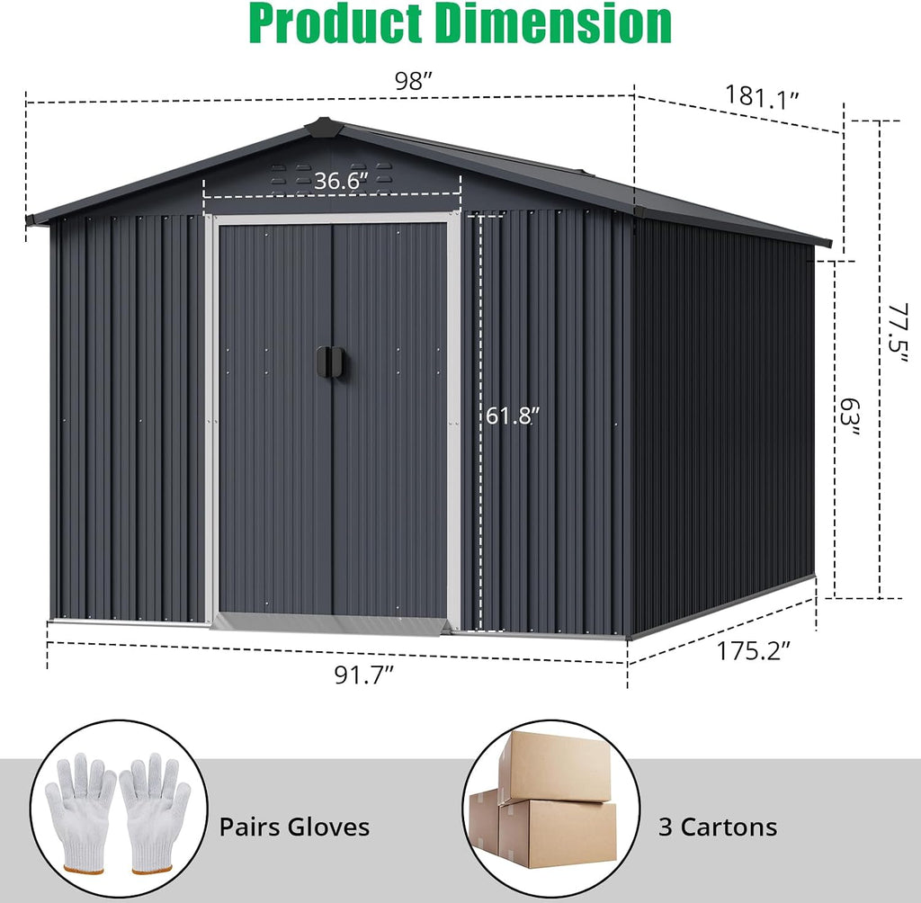 Acekool Outdoor Storage Shed 8x15 Ft & Large Storage Space, Utility Metal Storage Shed with Lockable Sliding Door and Vent, Garden Tool Shed for Organising Tools and Equipment in Yard, Garden, Grey