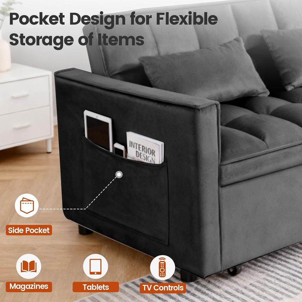 3 in 1 Sofa Bed, Loveseat Sleeper Sofa Bed with Side Pockets, Velvet Fabric Pull Out Couch with Adjustable Backrest for Living Room, Bedroom, Apartment, Black